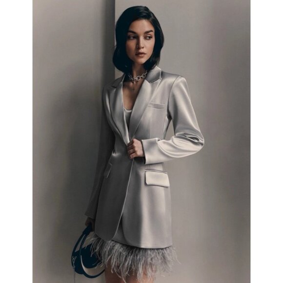 Lichi SATIN MINI DRESS WITH FEATHERS Silver Sz M - Picture 1 of 6